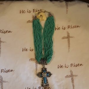 Aqua Bead Cross Necklace